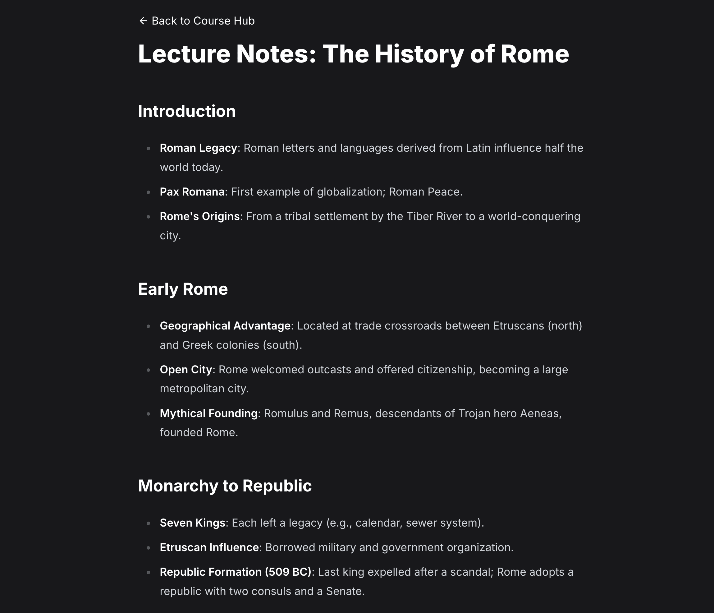 AI-generated lecture notes and study guide for History of Rome