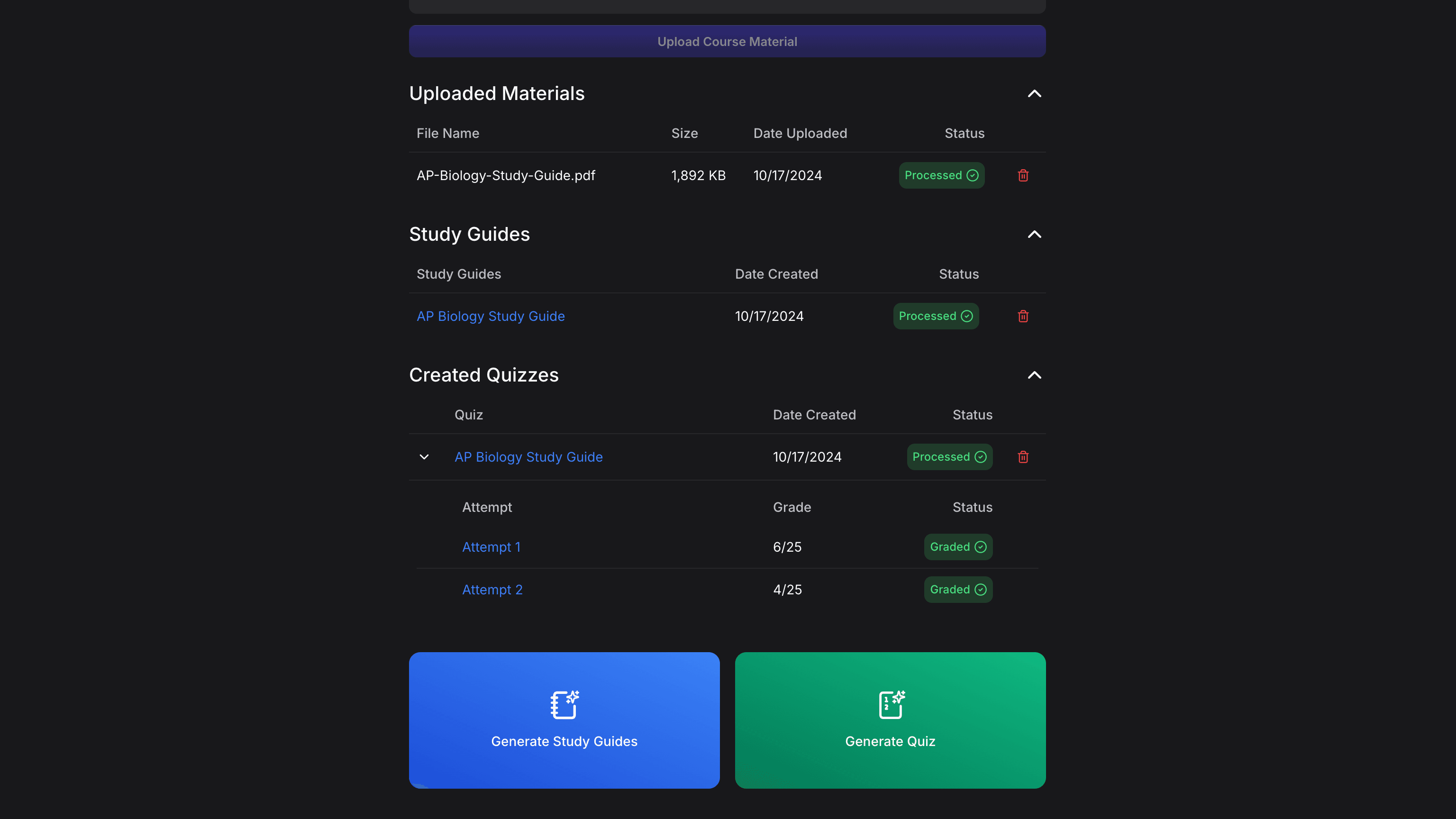 Study simulator dashboard showing quiz sharing options and study materials