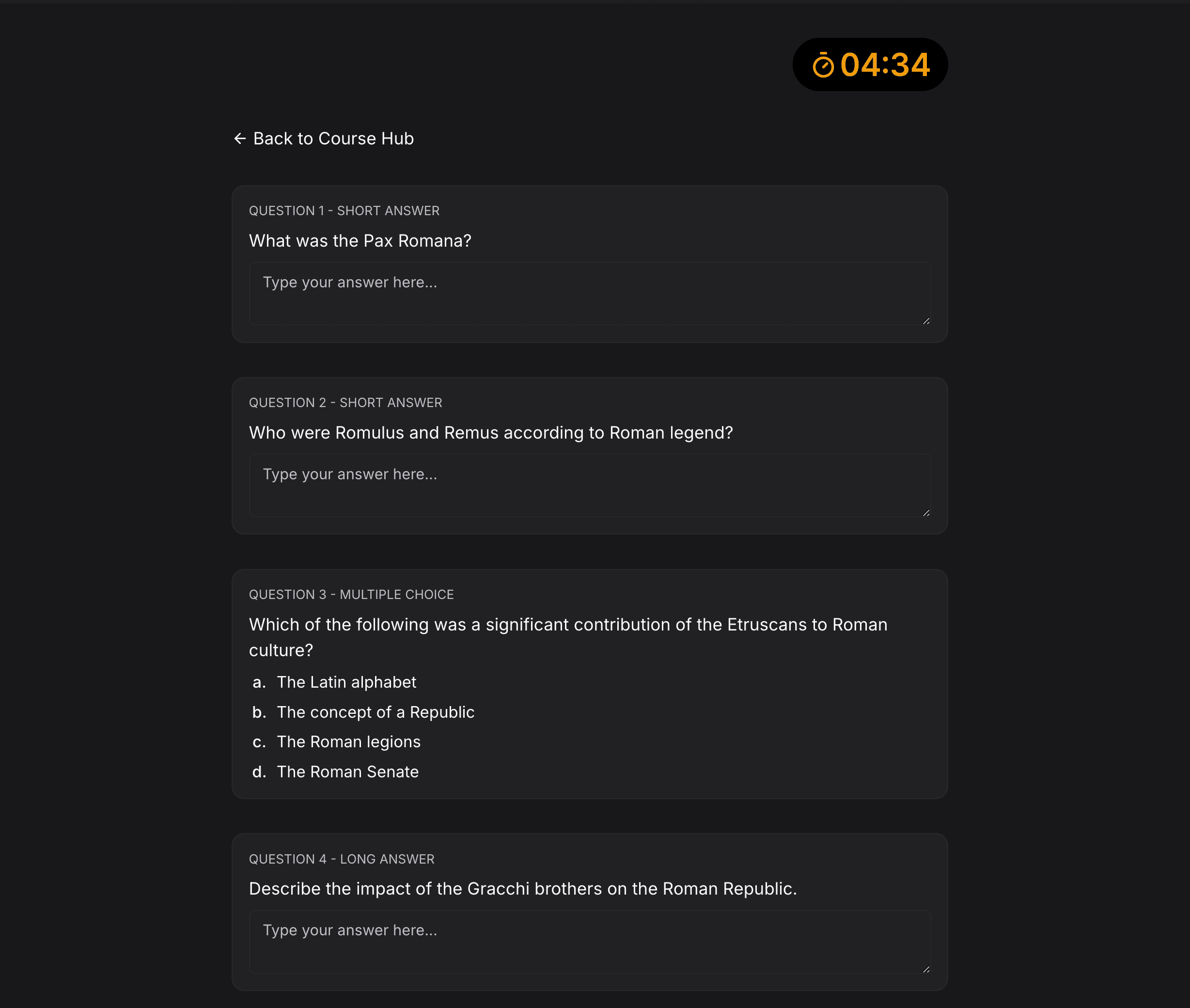 Customizable AI quiz generator showing different question types and difficulty levels