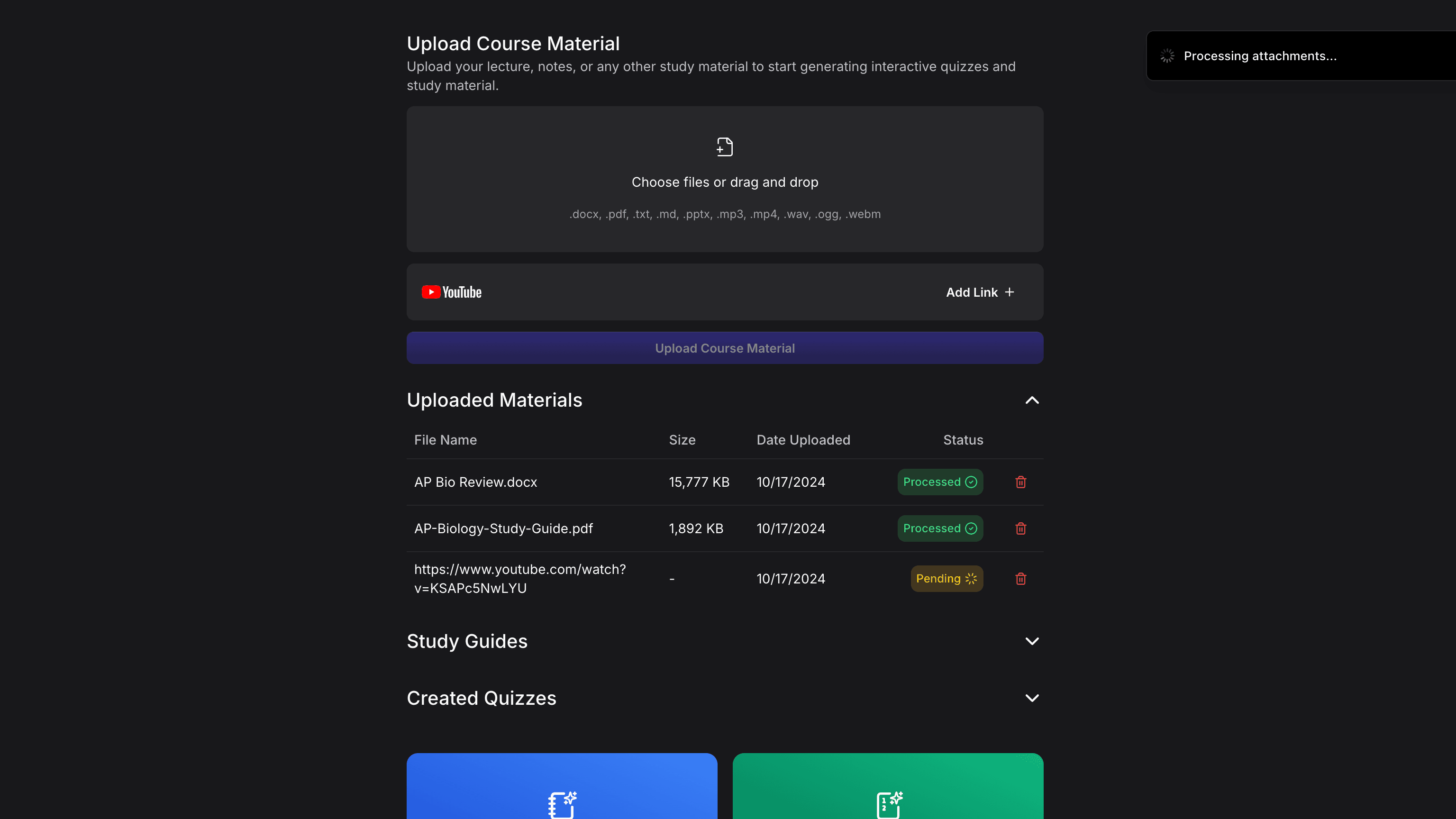 AI study simulator creating quizzes from uploaded course materials
