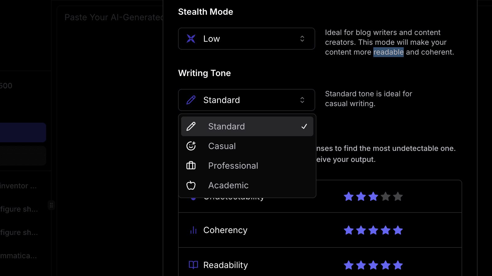 AI humanizer adjusting tone from academic to professional writing styles